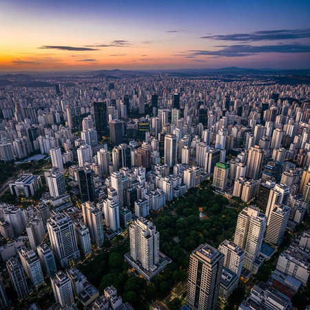 Aerial view of a bustling cityscape at sunset with skyscrapers and greeneryの写真素材