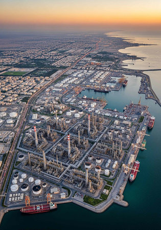 An aerial view of an industrial port at sunset with numerous facilities and ships