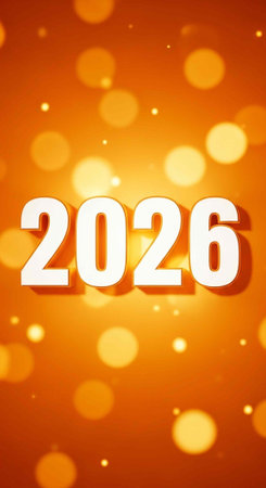 A vibrant orange background with the year 2026 in large white text and bokeh lights