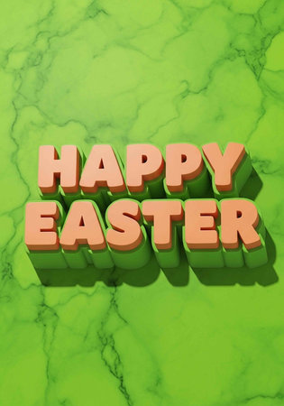A vibrant green Easter background with 3D text reading Happy Easterの写真素材