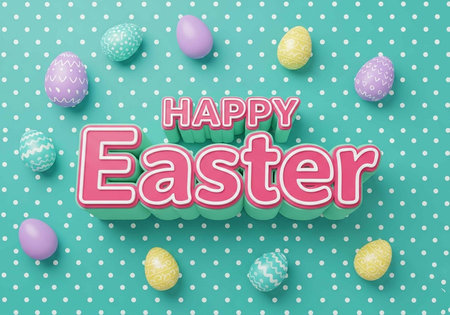 A colorful Easter greeting card with eggs on a polka dot backgroundの写真素材