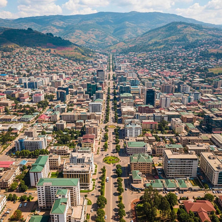 Aerial view of a bustling city surrounded by mountains and greenery in a serene landscape