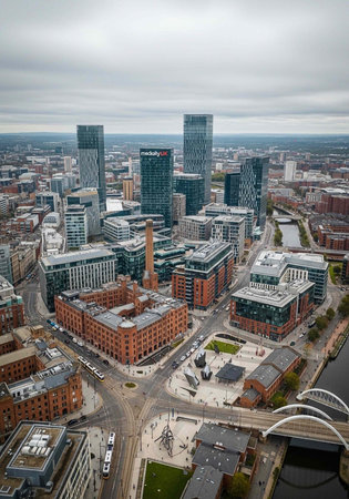 An aerial view of a modern cityscape with sleek skyscrapers and urban architecture