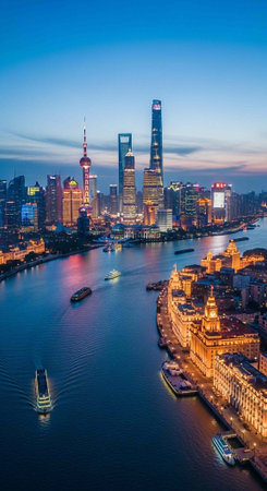 A stunning cityscape at dusk with a river and boats in the foreground