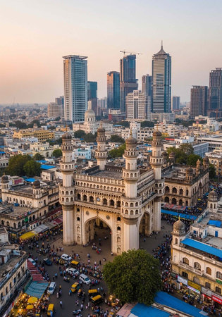 Aerial view of a bustling city with a historic gate and modern skyscrapersの写真素材