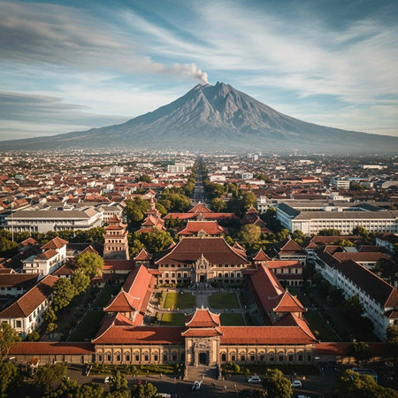 Aerial view of a city with a large mountain in the background and a temple complex in the foreground