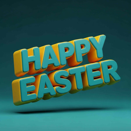 A colorful 3D rendering of Happy Easter text on a teal backgroundの写真素材