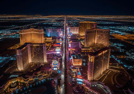 A vibrant nighttime aerial view of the Las Vegas Stripの写真素材