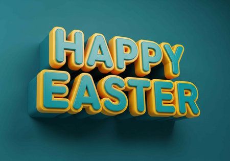 A colorful 3D Happy Easter sign on a teal background for spring celebrations