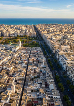 Aerial view of a coastal city with a long road and buildings near the oceanの写真素材