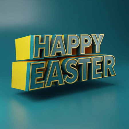A colorful 3D Happy Easter sign on a teal background with yellow accentsの写真素材