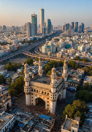 Aerial view of a bustling city with a historic mosque and modern skyscrapersの写真素材