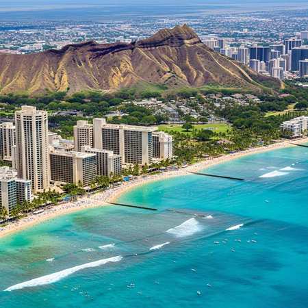 Aerial view of a beautiful beach with high-rise buildings and a mountain in the background