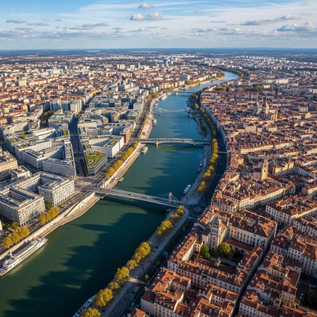 Aerial view of a city with a river running through it under a blue skyの写真素材