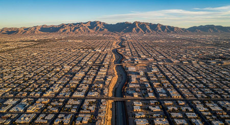Aerial view of a vast suburban cityscape with a mountain range in the backgroundの写真素材