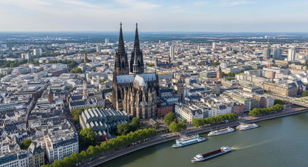 Aerial view of a historic cathedral in a bustling European cityscape with riverの写真素材