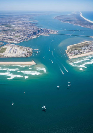Aerial view of a coastal city with boats and planes in the water