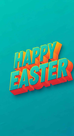 A colorful 3D Happy Easter sign on a teal background for spring celebrations