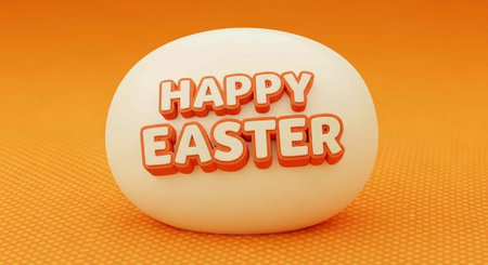 A white Easter egg with Happy Easter text on an orange background