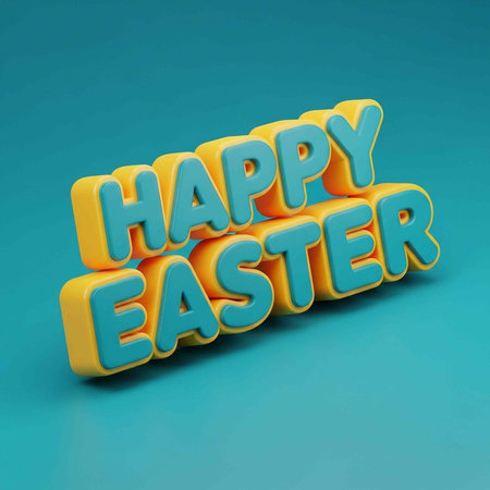 A colorful 3D rendering of Happy Easter text on a teal backgroundの写真素材