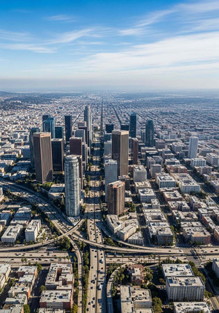 Aerial view of a bustling cityscape with skyscrapers and highways under a blue sky