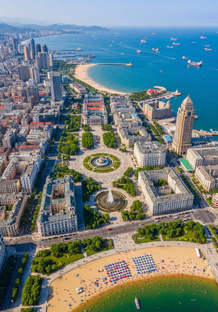Aerial view of a vibrant coastal city with a large public park and beachの写真素材