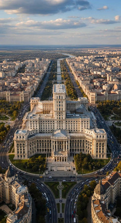 Aerial view of a large white building in a city with a cloudy sky
