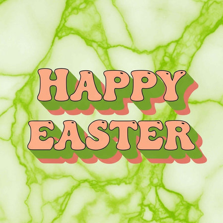 A vibrant Easter greeting on a green marble background with pink letters