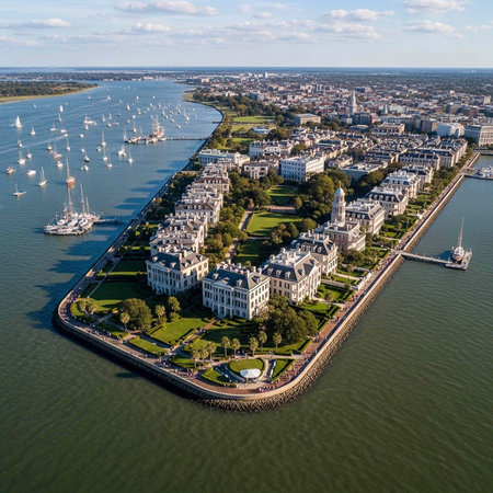 Aerial view of a beautiful coastal city with sailboats and lush greeneryの写真素材