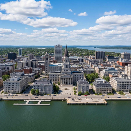Aerial view of a beautiful cityscape with a waterfront and modern architectureの写真素材