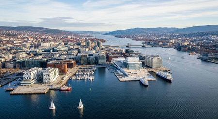 Aerial view of a modern city with a harbor and sailboats on a calm seaの写真素材