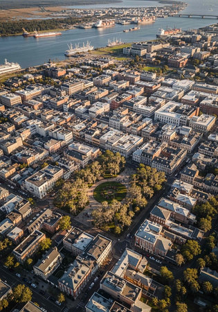 Aerial view of a vibrant cityscape with buildings, trees, and a waterfront areaの写真素材