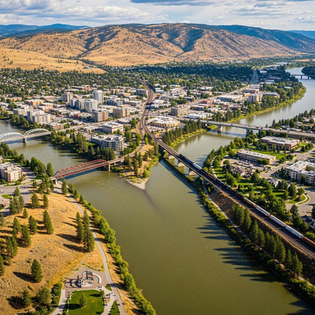Aerial view of a city with a river and bridge in a natural landscapeの写真素材