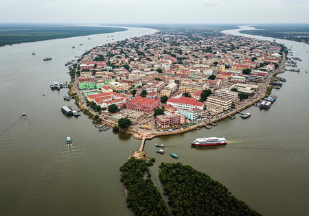 Aerial view of a vibrant city surrounded by water and lush greenery on a cloudy dayの写真素材