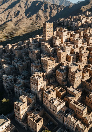 Aerial view of a densely packed ancient Middle Eastern city with mountains in the backgroundの写真素材