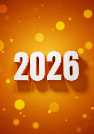 A vibrant orange background with the year 2026 in large white text and yellow dots