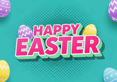 A colorful Easter graphic with eggs and Happy Easter text on a teal background