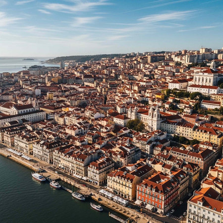 Aerial view of a historic European city with red-tiled roofs and a waterfront