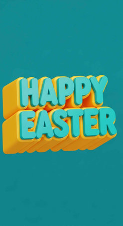 A colorful 3D Happy Easter sign on a teal background for spring celebrations