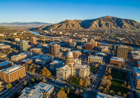 Aerial view of a city with a large building and mountains in the backgroundの写真素材