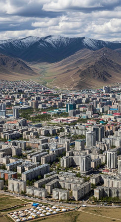 Aerial view of a modern city nestled in a valley with mountains in the background
