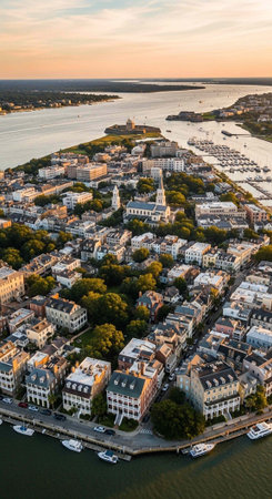 Aerial view of a beautiful coastal city with historic architecture and vibrant waterfrontの写真素材
