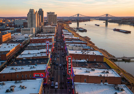 Aerial view of a bustling city street with a river and bridge at sunsetの写真素材