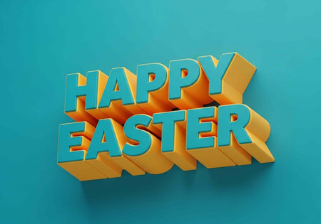 A colorful 3D Happy Easter sign on a teal background for holiday celebrations