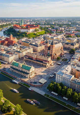 Aerial view of a historic European city with a river and old buildingsの写真素材