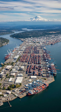 Aerial view of a bustling port with cargo ships and a snow-capped mountain in the backgroundの写真素材