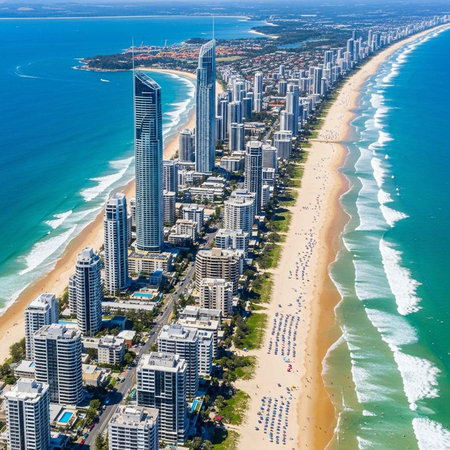 Aerial view of a vibrant coastal city with modern skyscrapers and sandy beachの写真素材