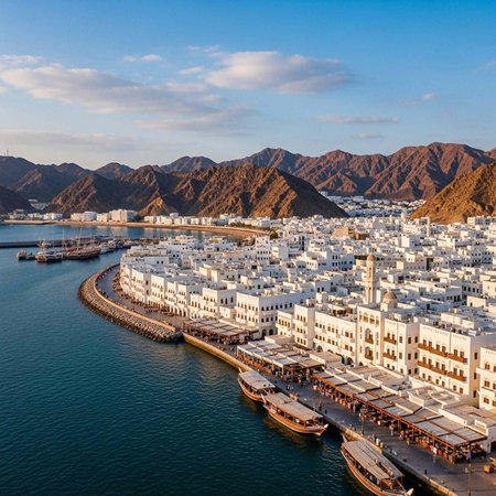 Aerial view of a coastal city with white buildings and boats in the harborの写真素材