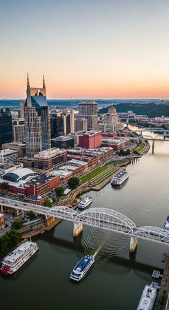 Aerial view of a city skyline with a river and bridge at sunsetの写真素材