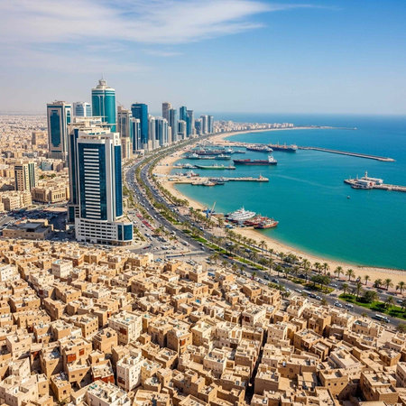 Aerial view of a modern cityscape with a coastline and a vibrant harbor area